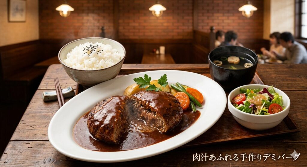 ハンとん亭の肉汁あふれる手作りデミバーグ定食