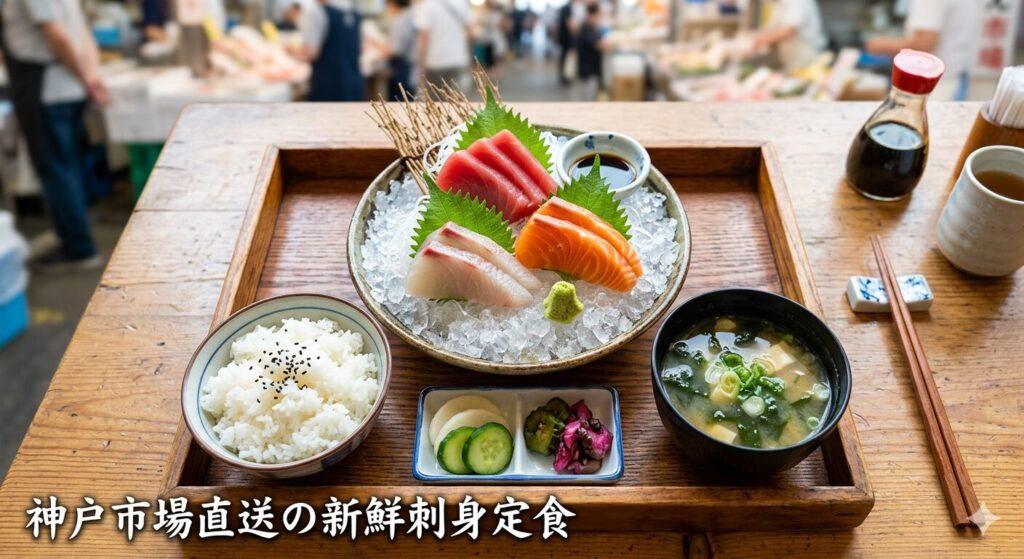 神戸市場食堂の肉厚な新鮮刺身定食