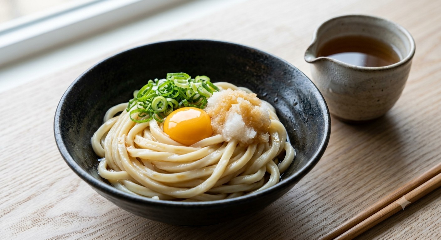 大根おろしと卵をのせた冷たいぶっかけうどん