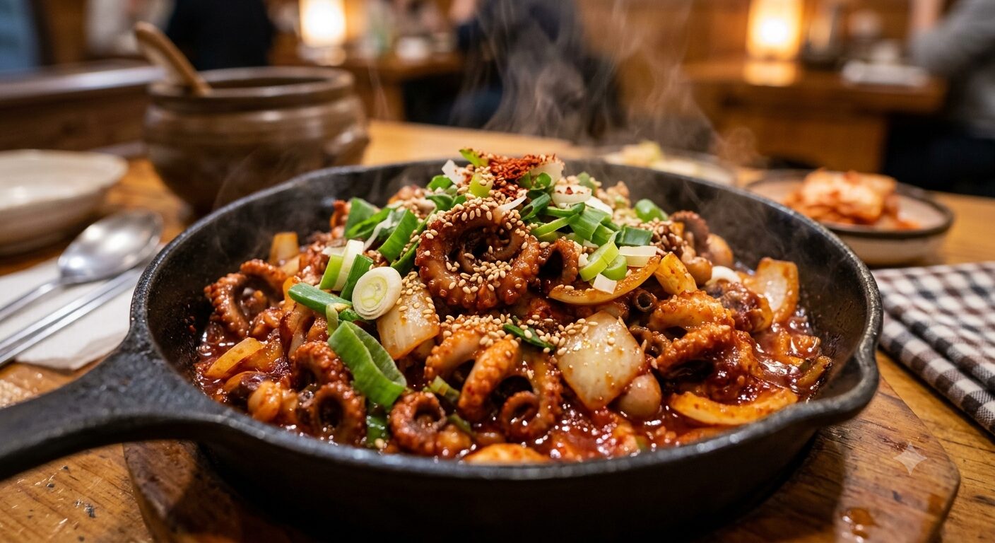コチュジャンソースで炒めたピリ辛タコ料理チュクミ
