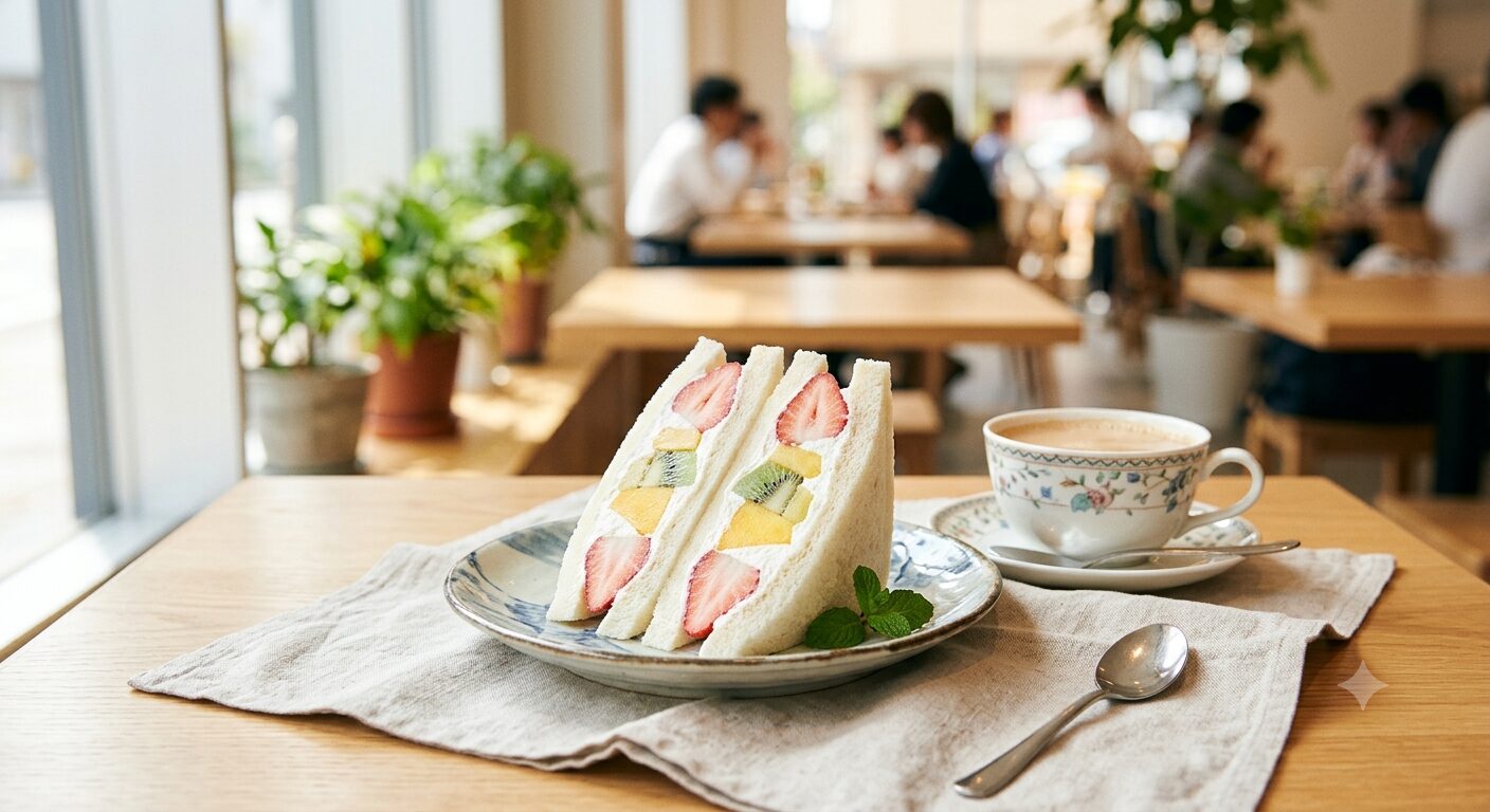 カフェ風に盛り付けられたフルーツサンドとドリンク
