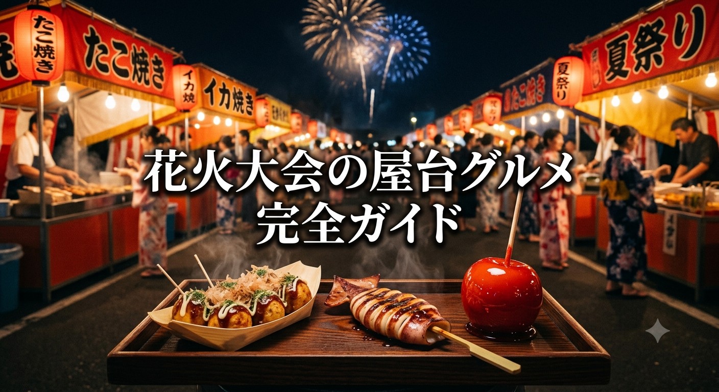 花火大会の夜に並ぶ屋台グルメと花火のイメージ