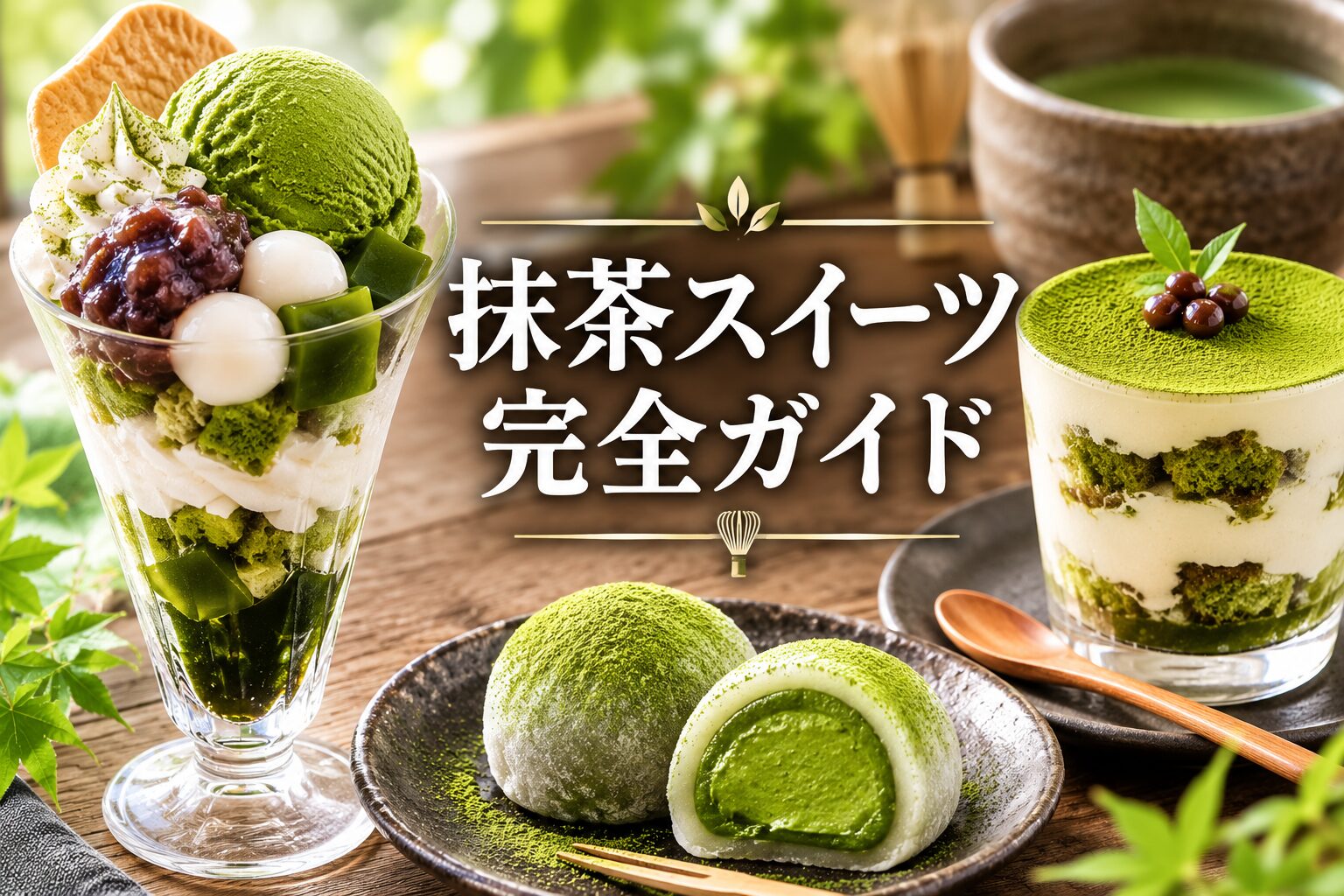 抹茶パフェや抹茶大福など人気の抹茶スイーツが並んだイメージ