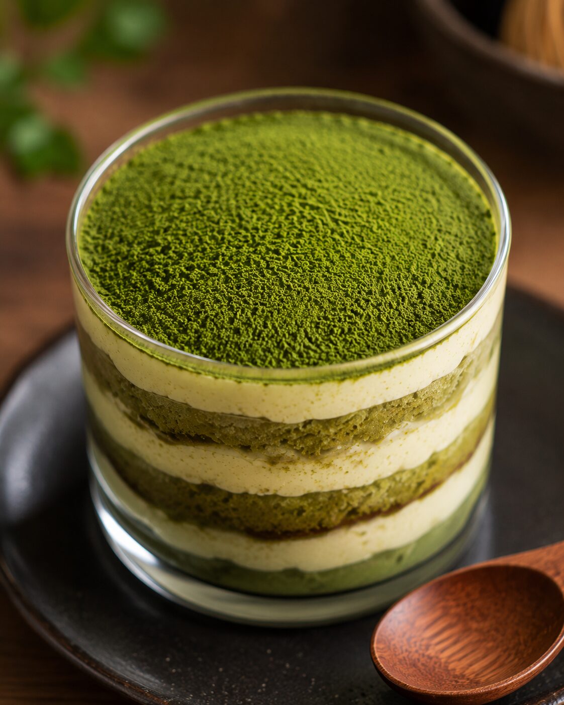 マスカルポーネクリームと抹茶パウダーの層が美しい抹茶ティラミス