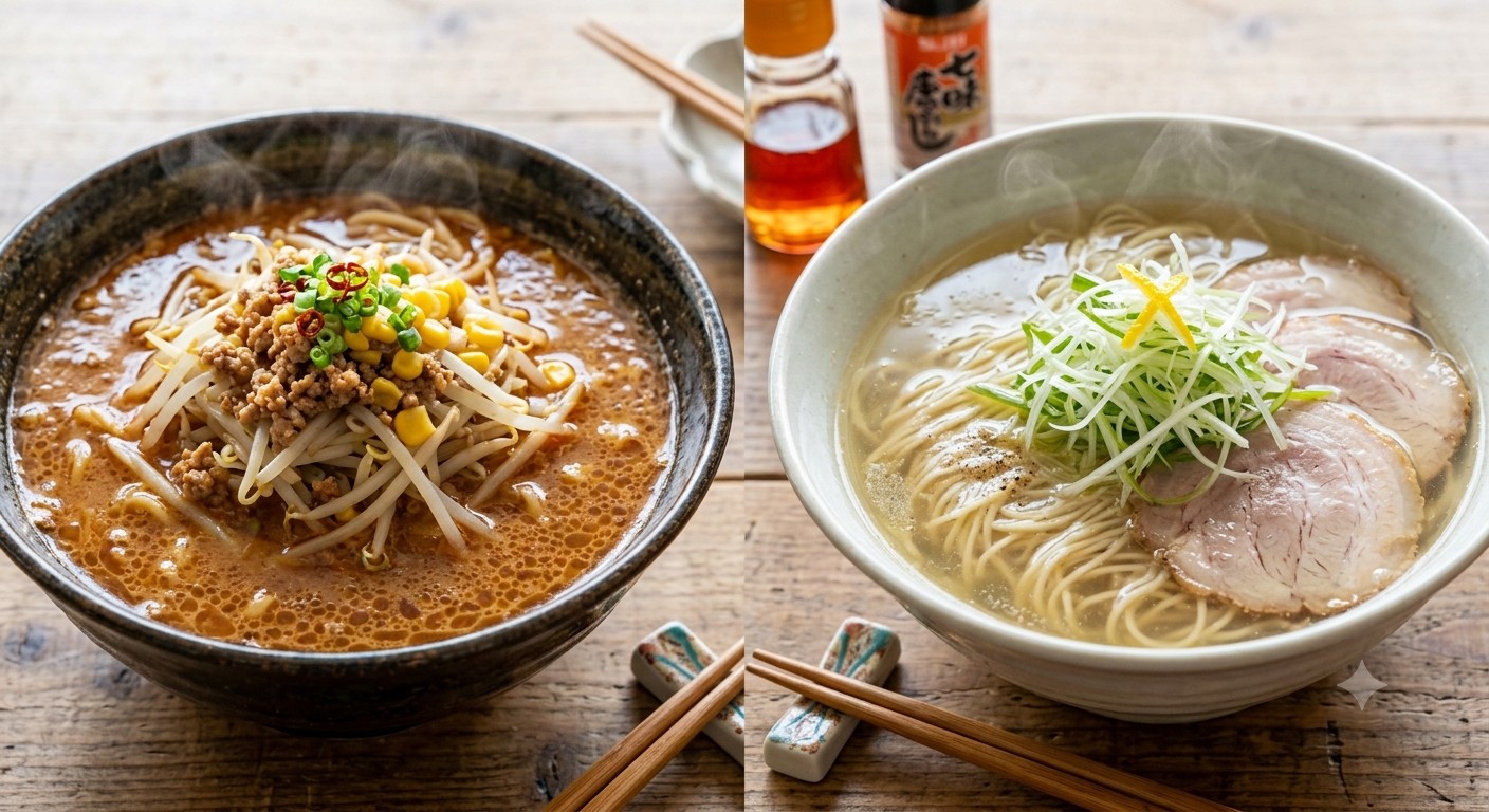 コクのある味噌ラーメンと澄んだ塩ラーメンの食べ比べ