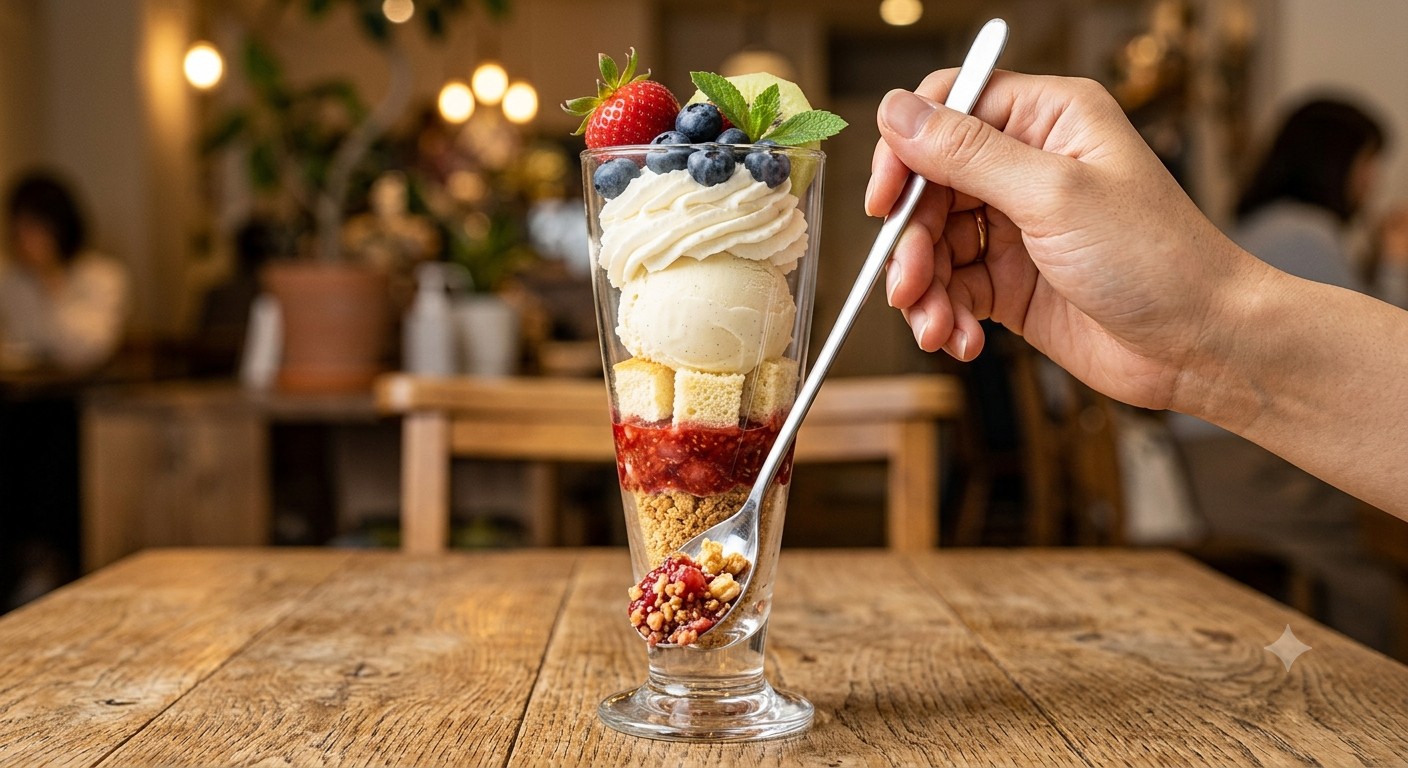 ロングスプーンでパフェの下層まですくって食べるシーン