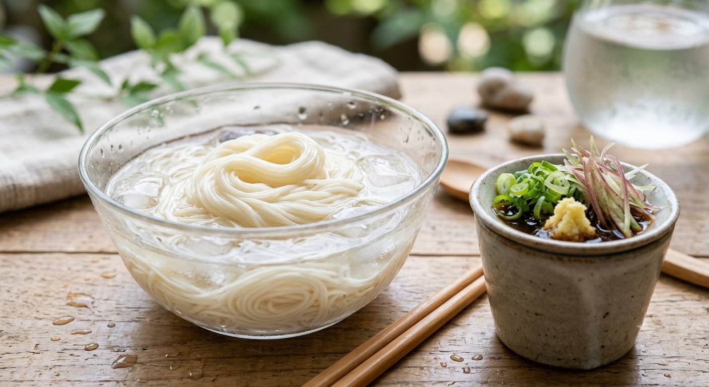 薬味をたっぷり添えた冷たいそうめん