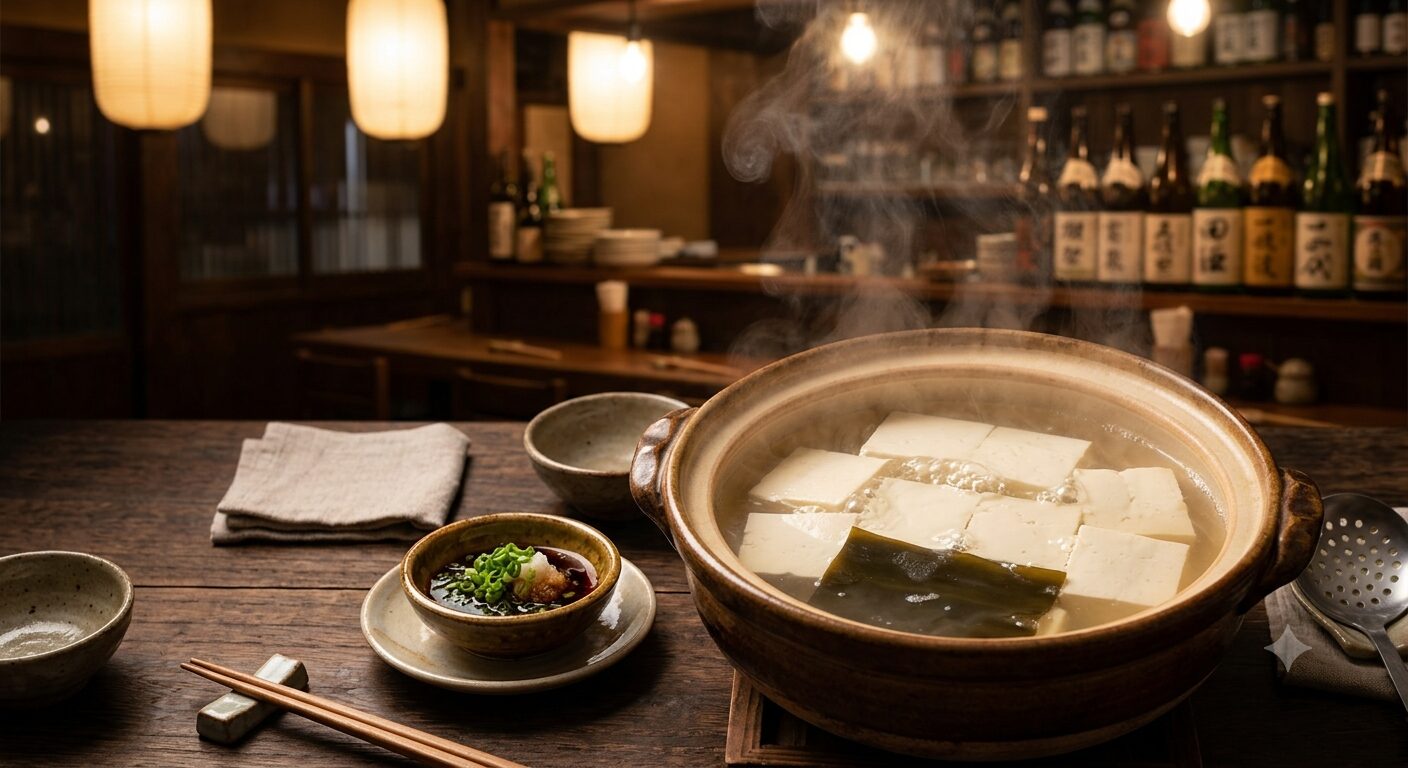 土鍋でぐつぐつ煮える湯豆腐の様子