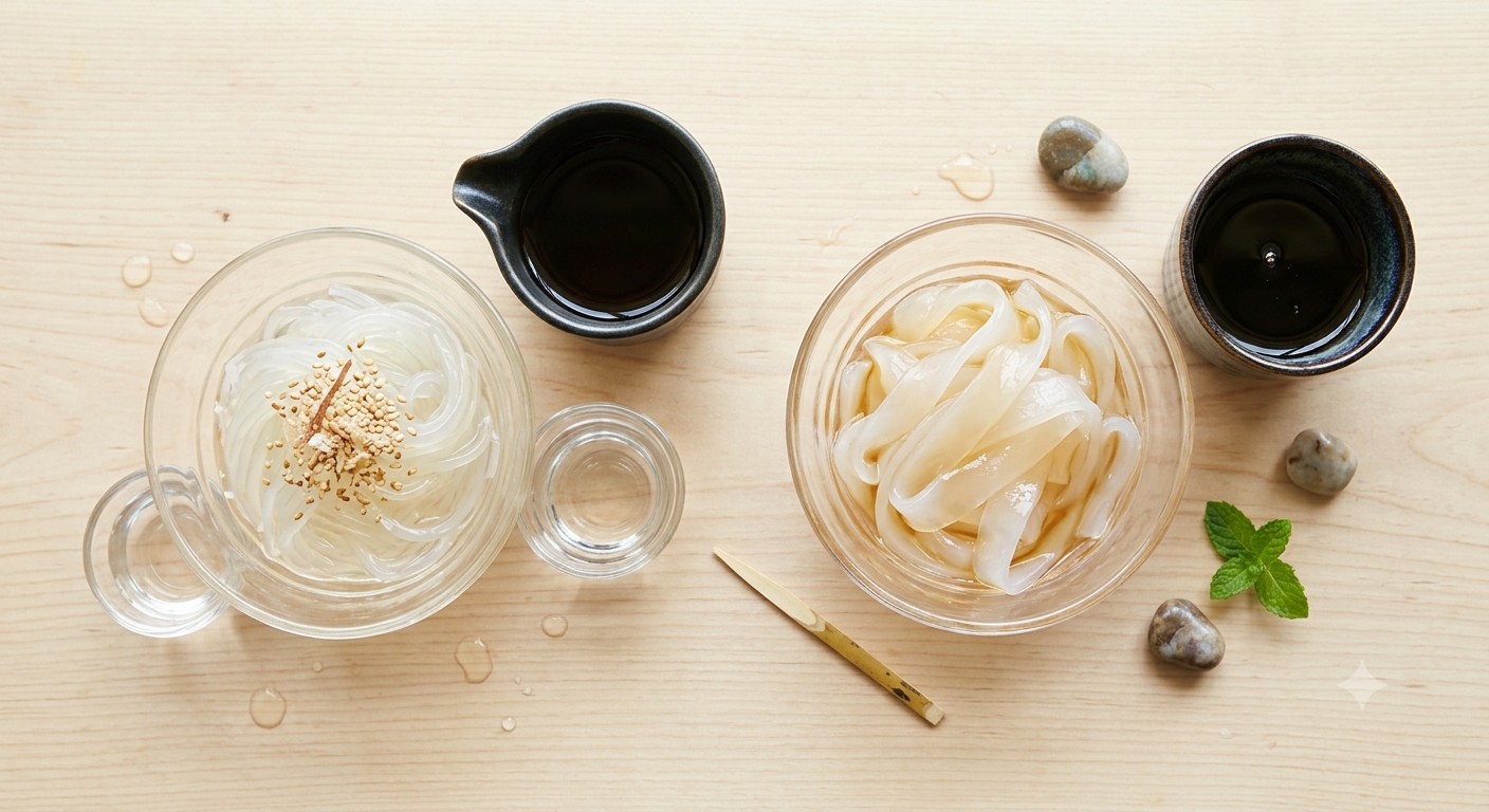ところてんとくずきりを並べた食べ比べイメージ