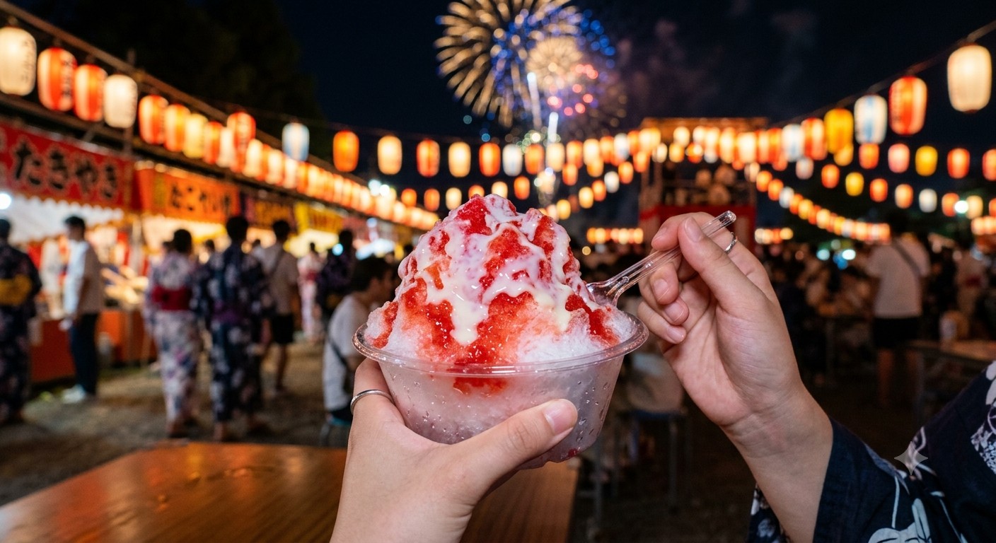 花火大会の夜に食べる色鮮やかなかき氷