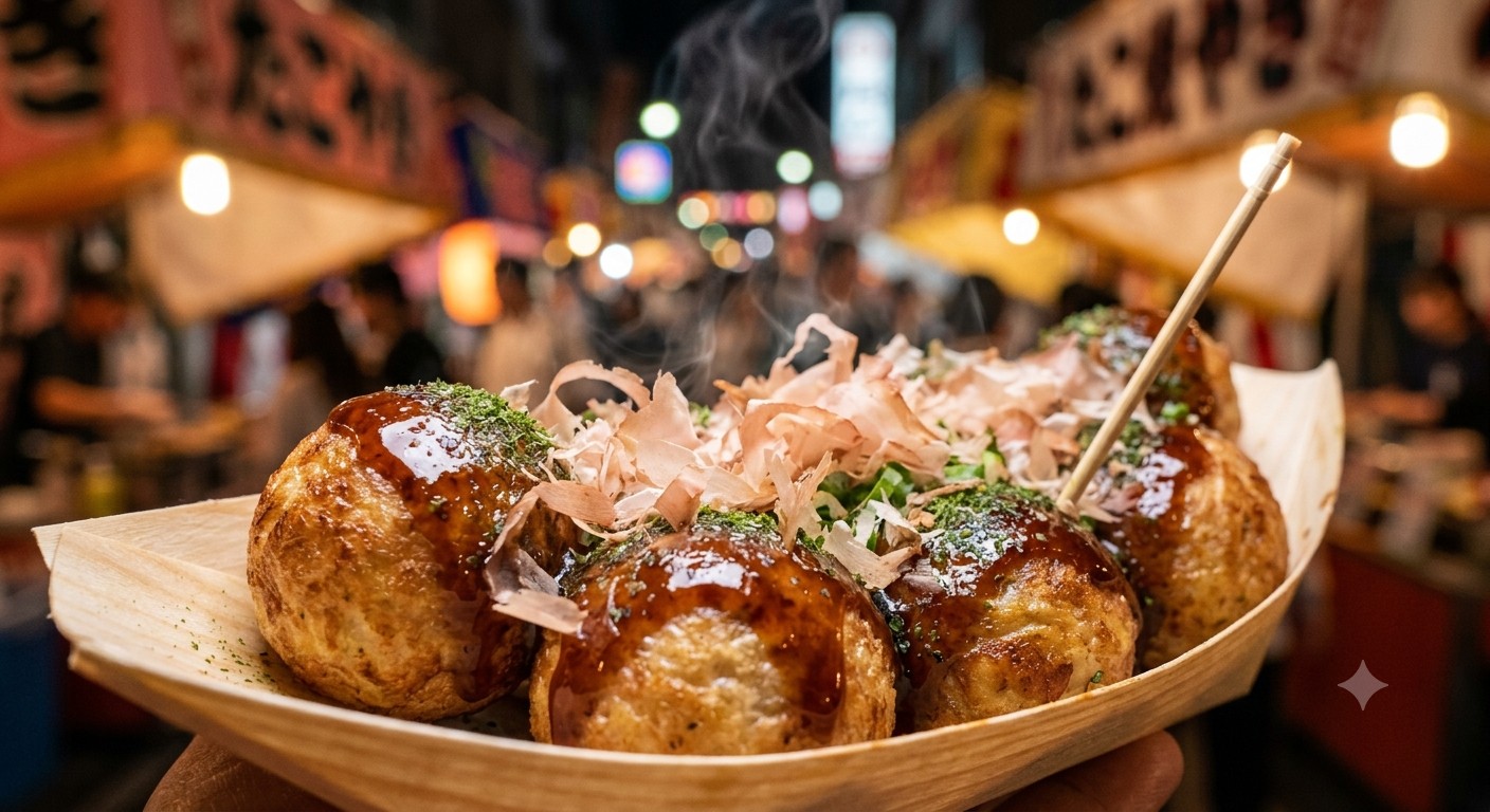 屋台で焼きたてのたこ焼きから湯気が立つクローズアップ