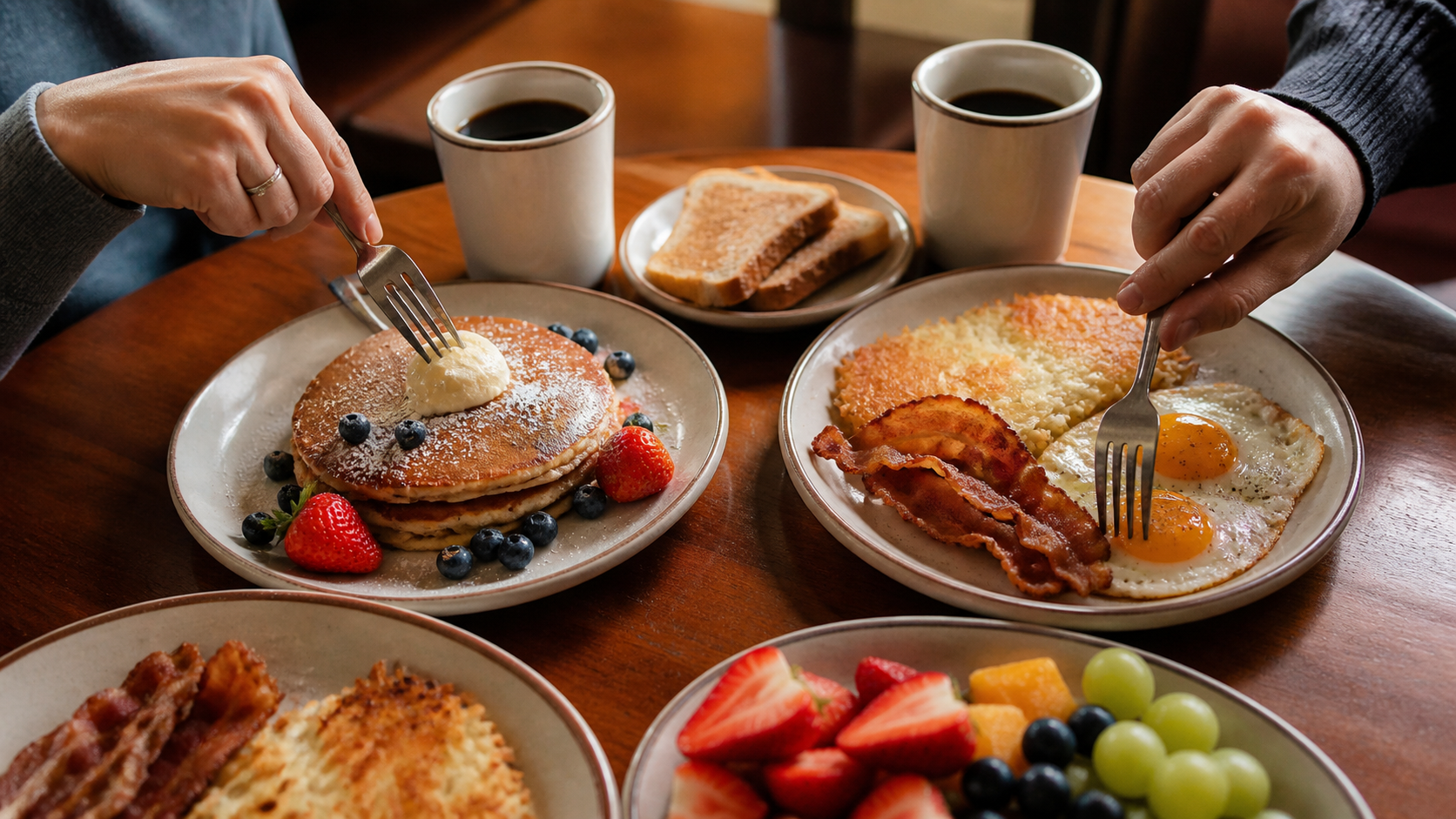 パンケーキと卵料理のアメリカン朝食を二人でシェアするテーブル