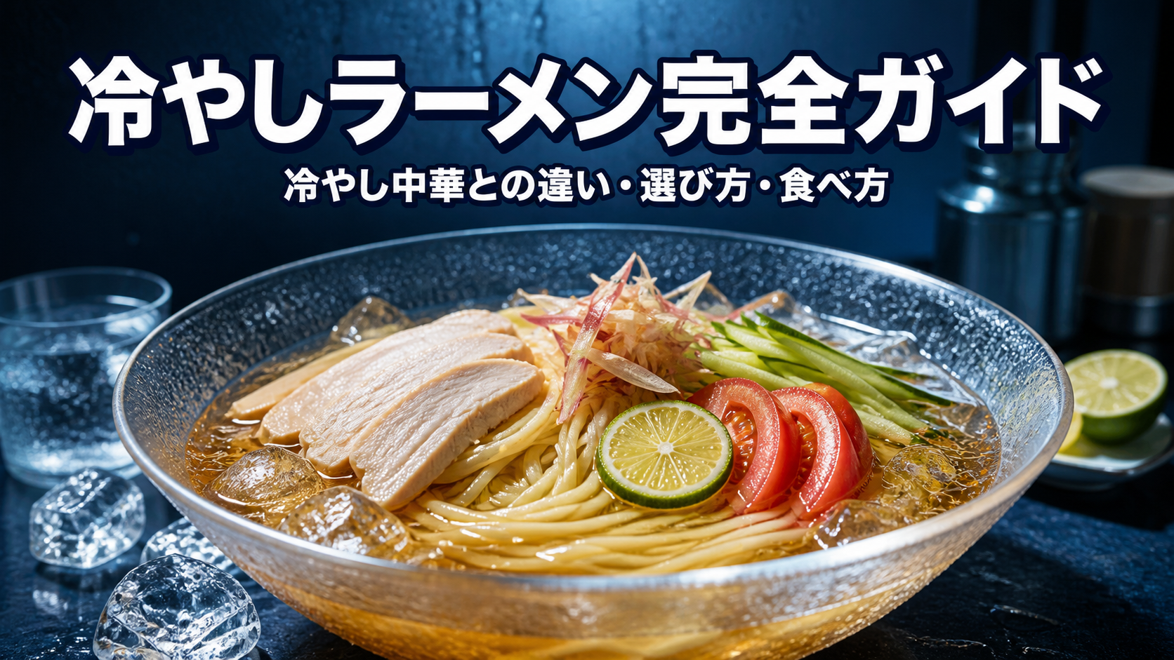 冷たいだしと鶏肉や夏野菜を盛り付けた冷やしラーメン