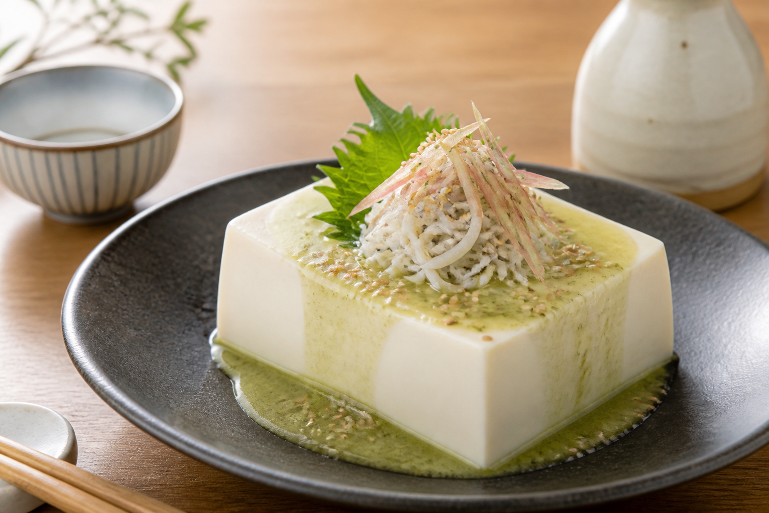 しらすとみょうがをのせた抹茶だれの冷ややっこ