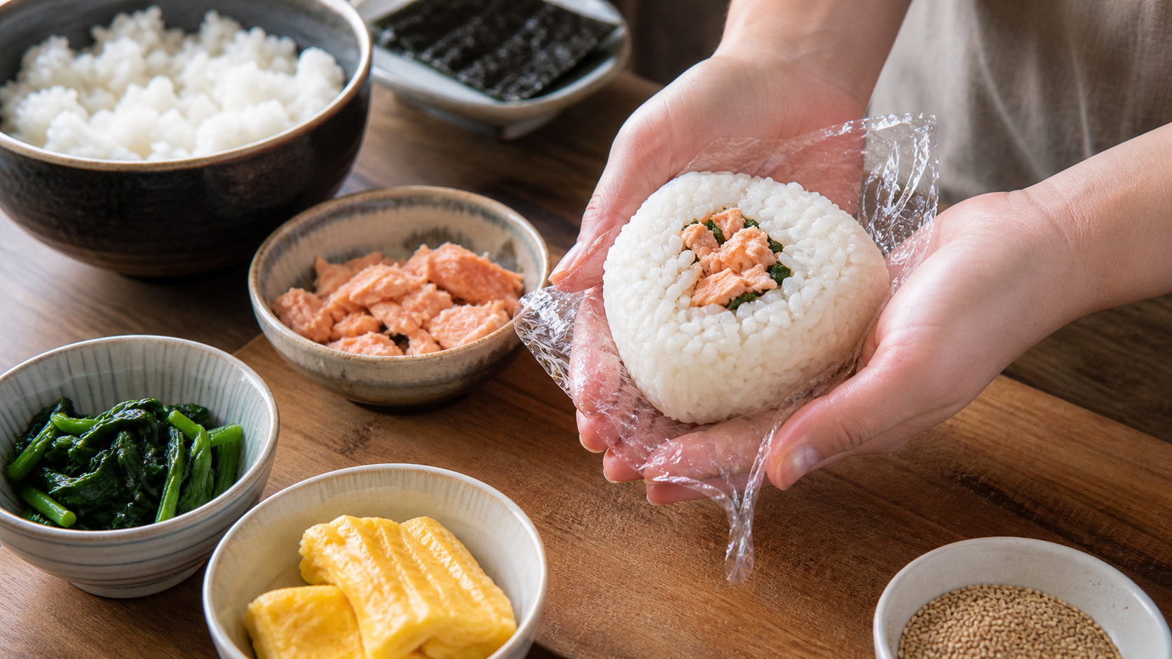 ラップを使って鮭と野菜入りのおにぎりを形作る工程
