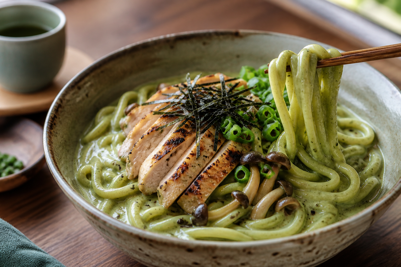 鶏肉ときのこをのせた甘くない抹茶クリームうどん