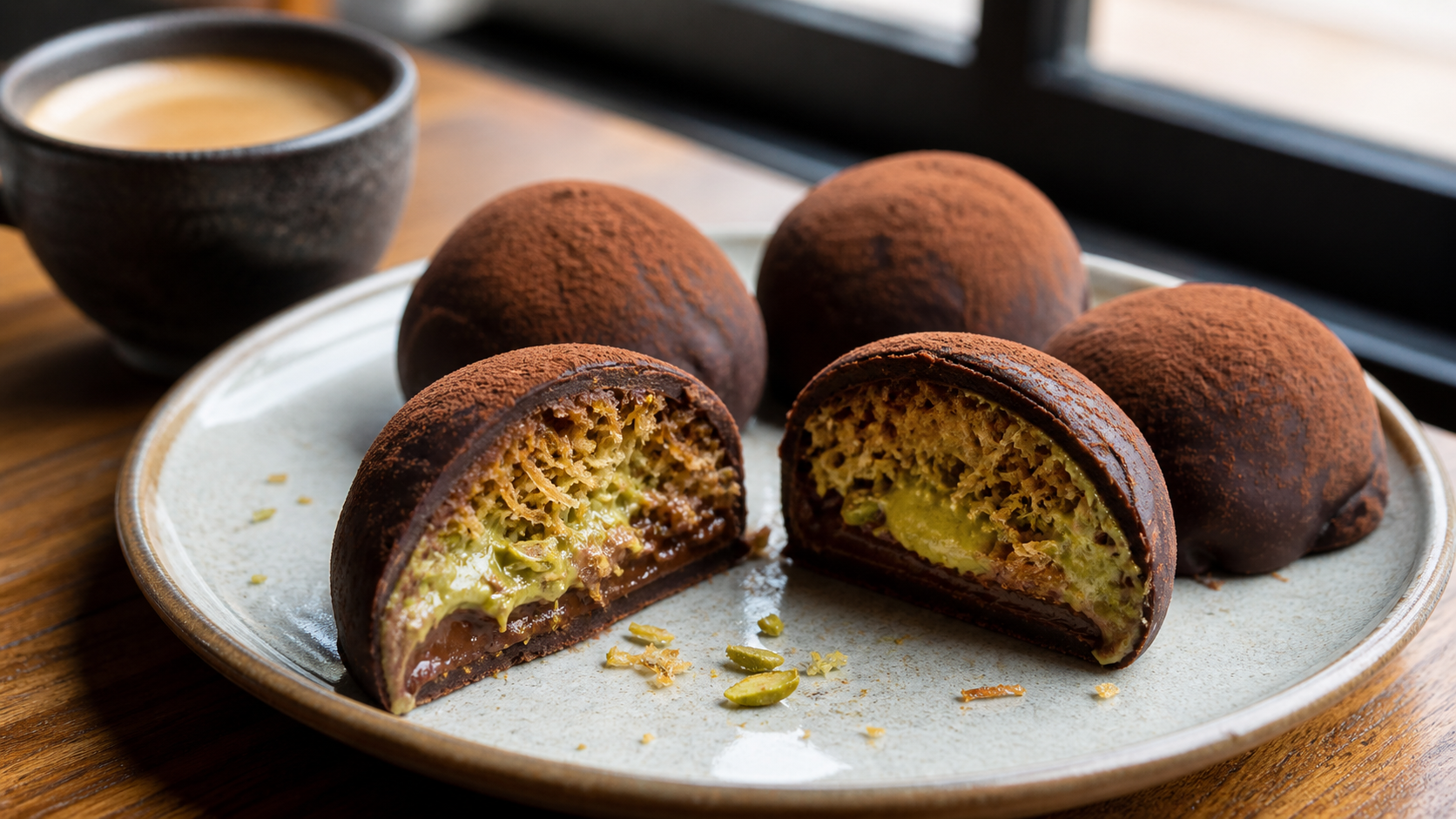 ピスタチオクリームとカダイフが見えるドバイチョコ餅の断面