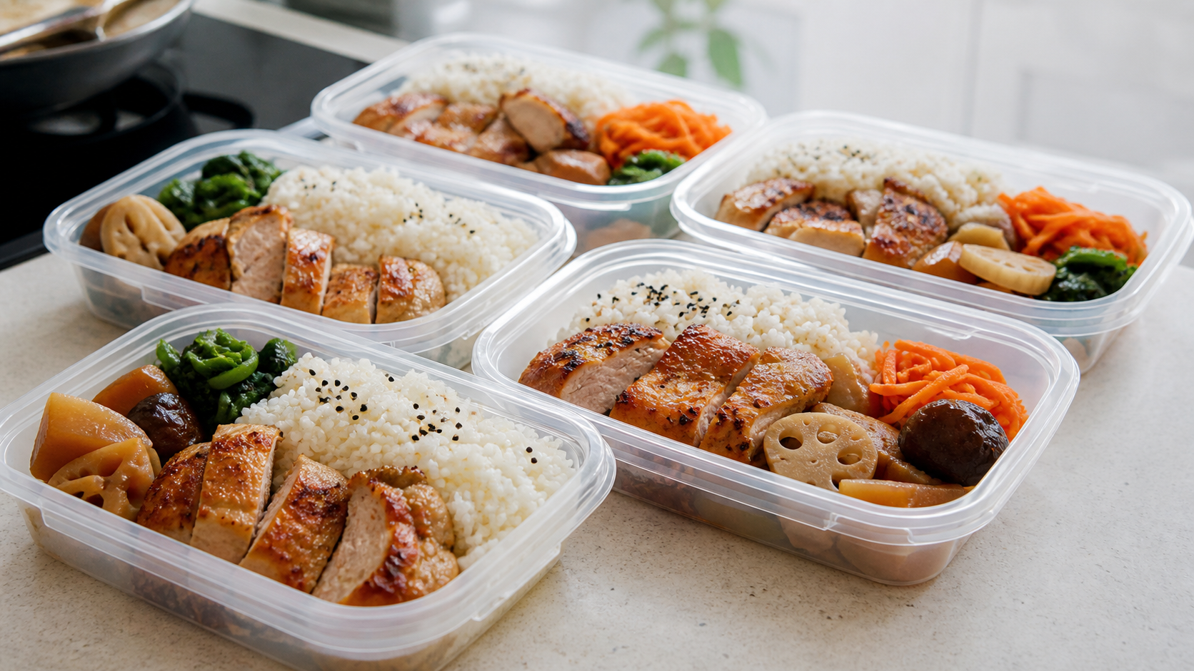 肉・魚・野菜を一食分ずつ平らに分けた冷凍ストック