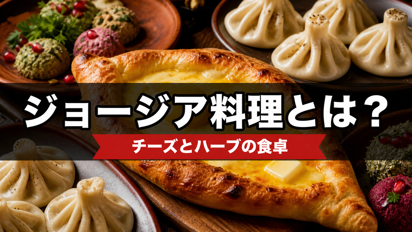 ハチャプリとヒンカリが並ぶジョージア料理とチーズとハーブの食卓の文字