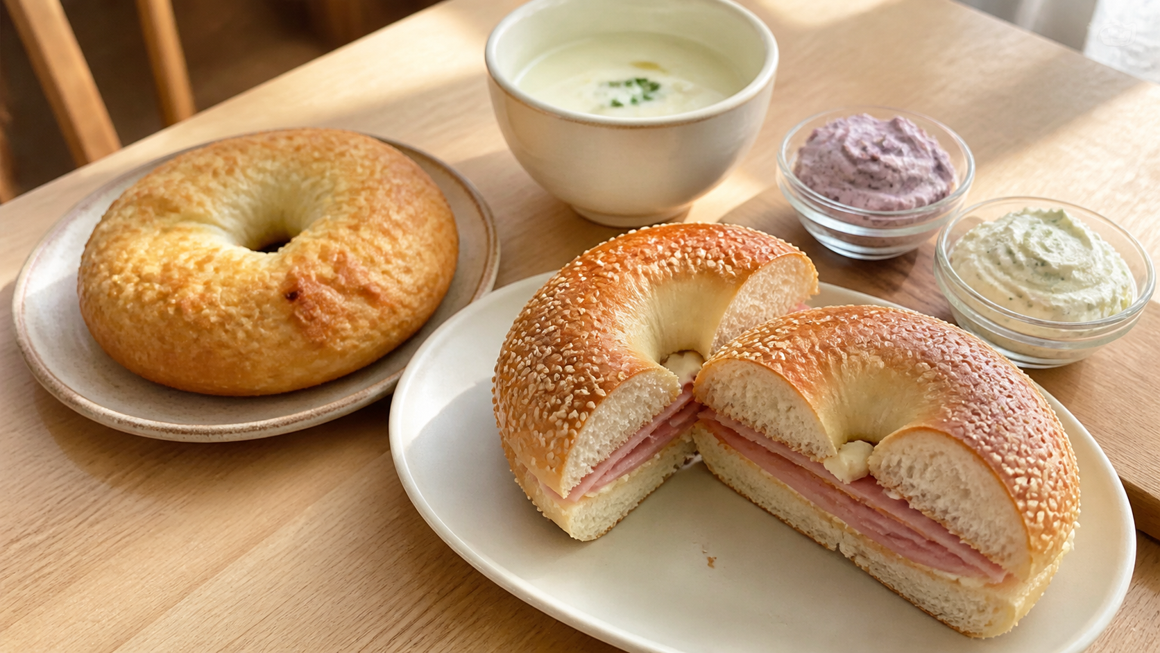 ジャンボンブールベーグルとクリームチーズディップの朝食