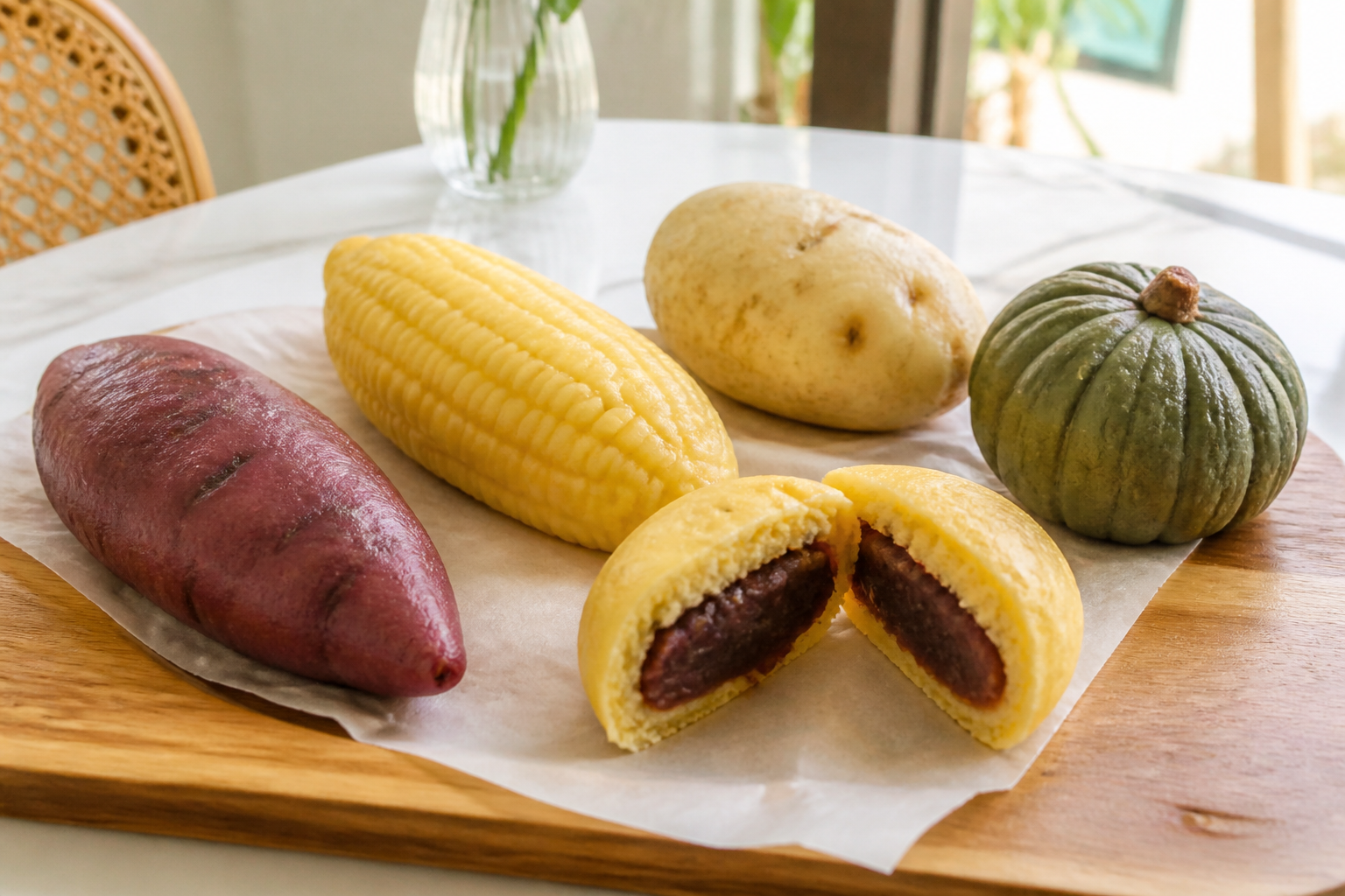 韓国カフェに並ぶ野菜そっくり米パンの盛り合わせ