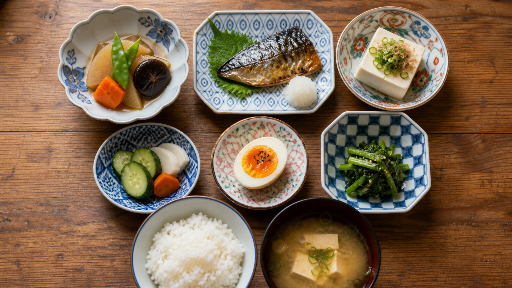 七枚の豆皿に焼き魚や野菜を盛った豆皿定食の俯瞰写真