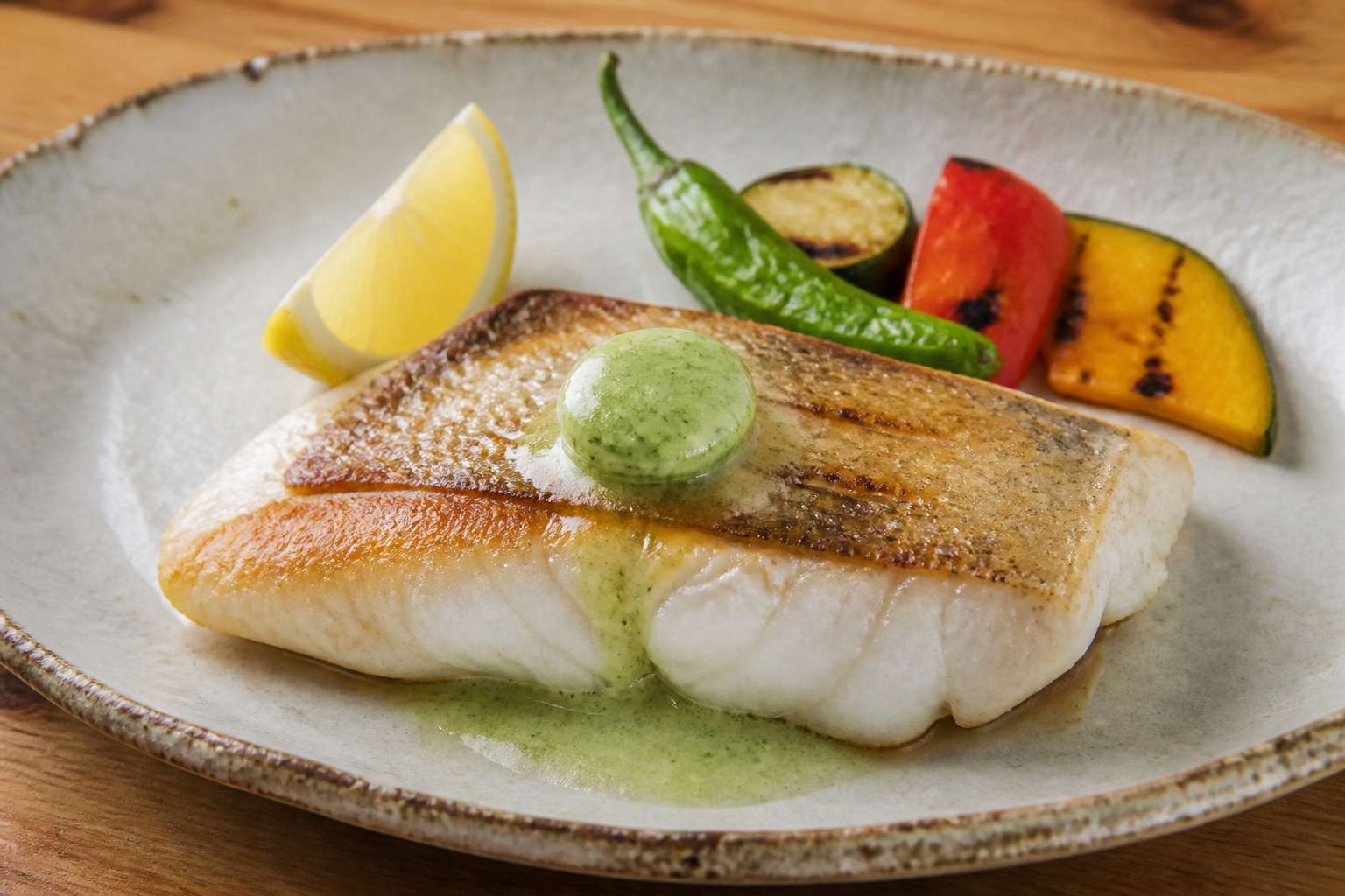 抹茶バターをのせた白身魚のソテー