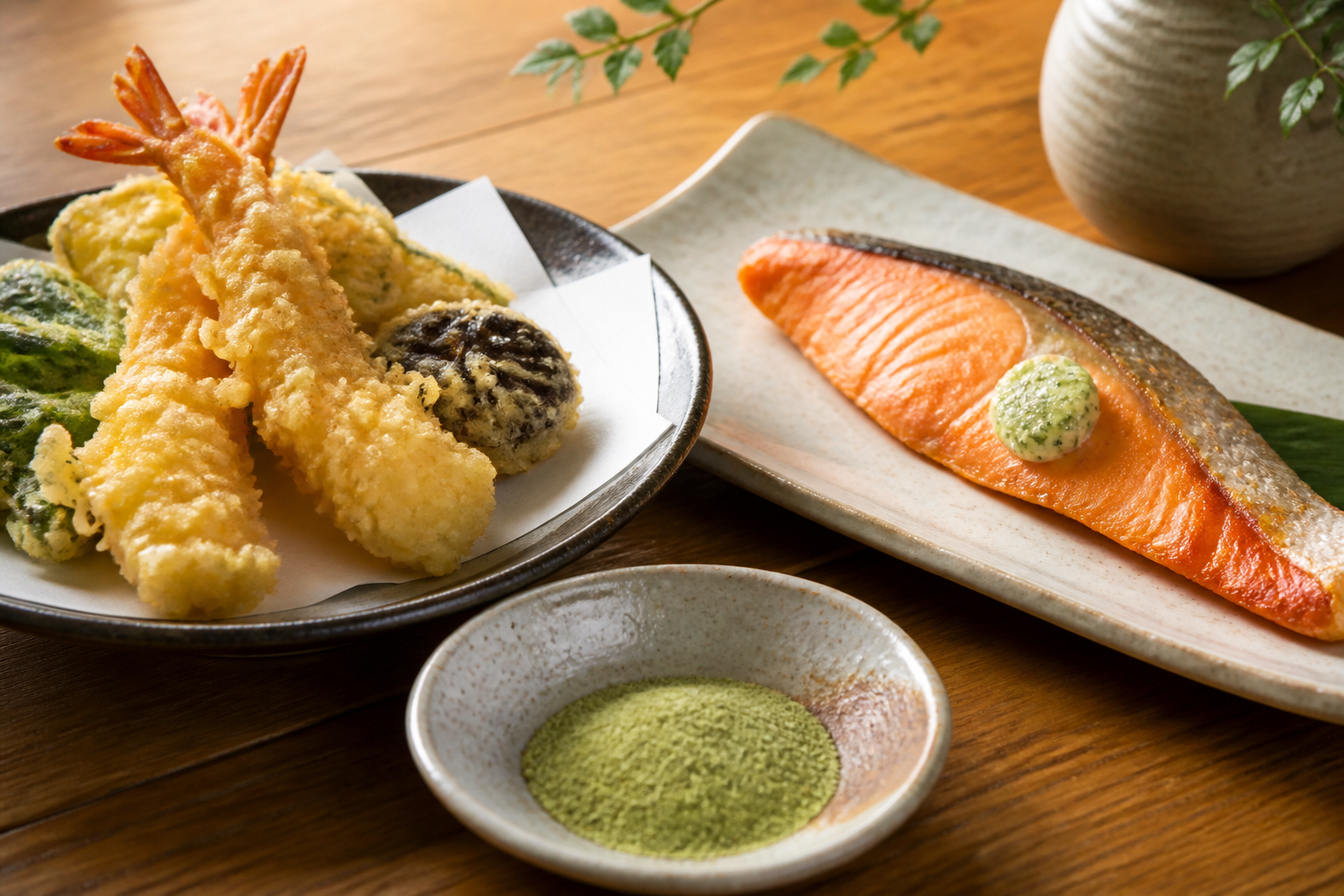 抹茶塩を添えた海老と野菜の天ぷら、抹茶バターをのせた焼き鮭