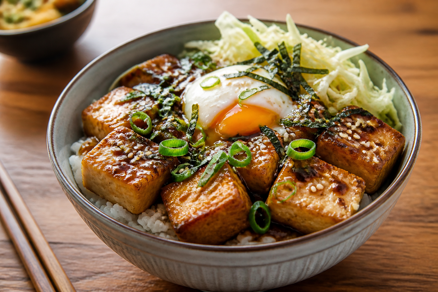 温泉卵とキャベツを添えた厚揚げ照り焼き丼