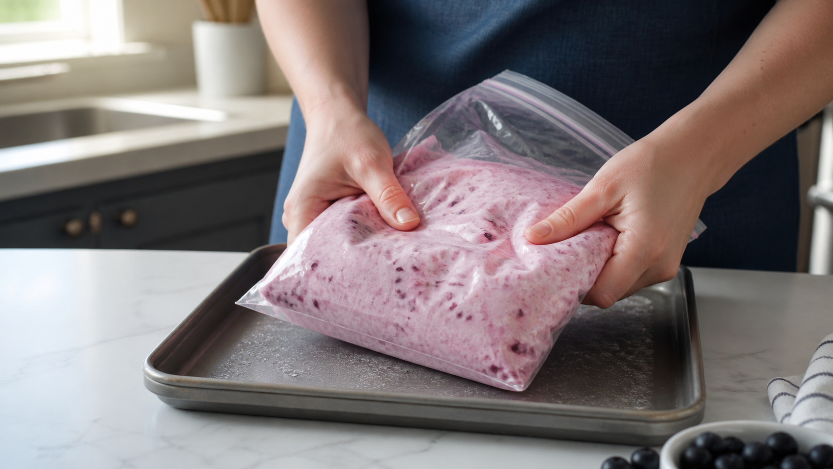 食品用袋を揉んで果物入りアイスを作る手元