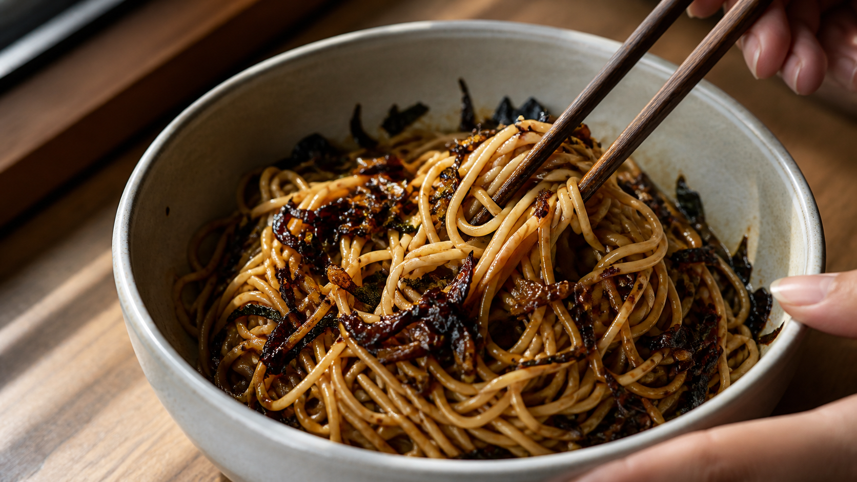揚げねぎと醤油だれを細麺へ混ぜる葱油拌麺