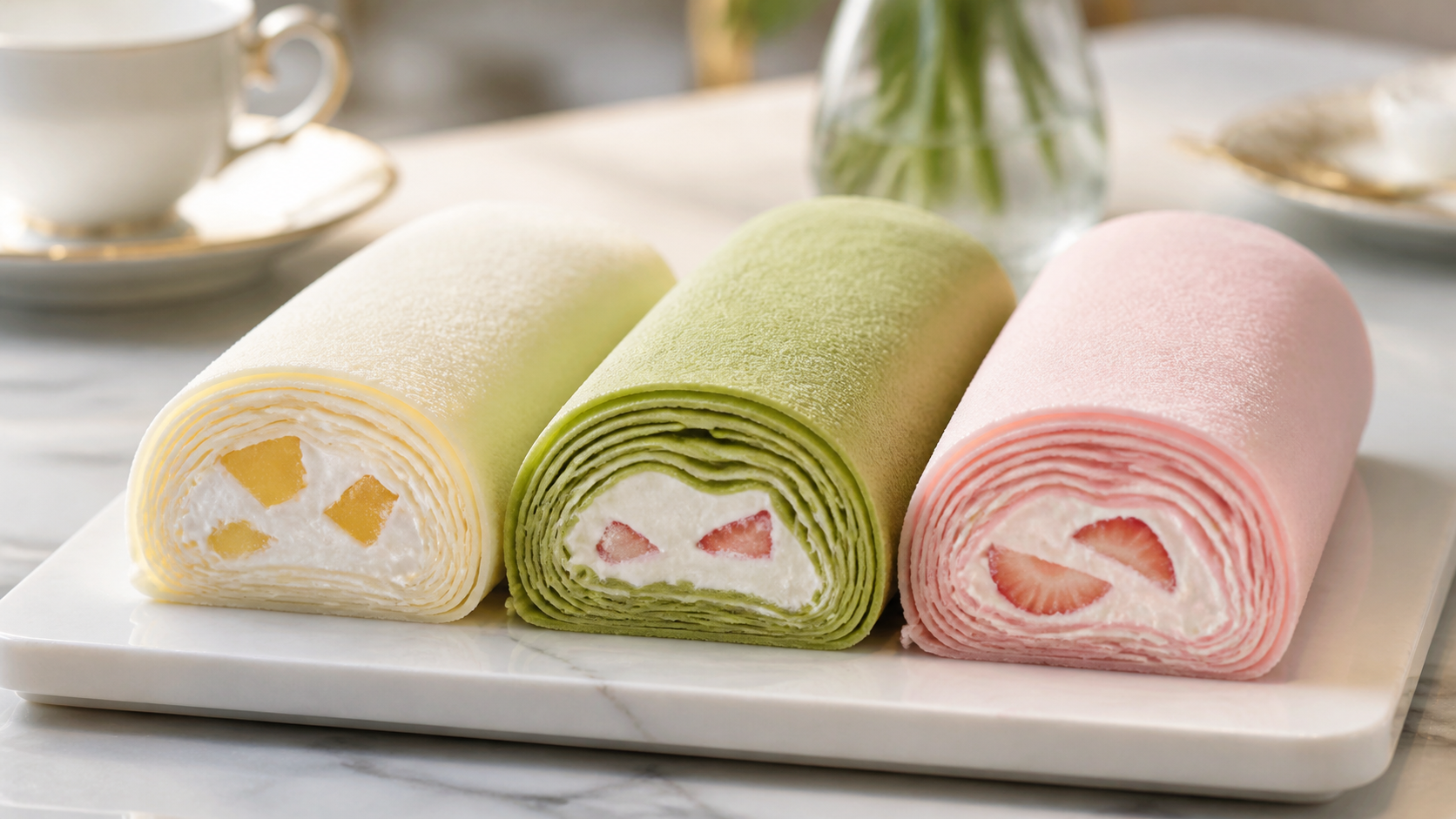 ミルク・抹茶・いちごの3色のタオルケーキ