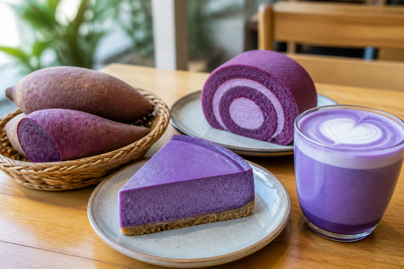 紫色のウベ芋とウベチーズケーキとウベロールとウベラテ