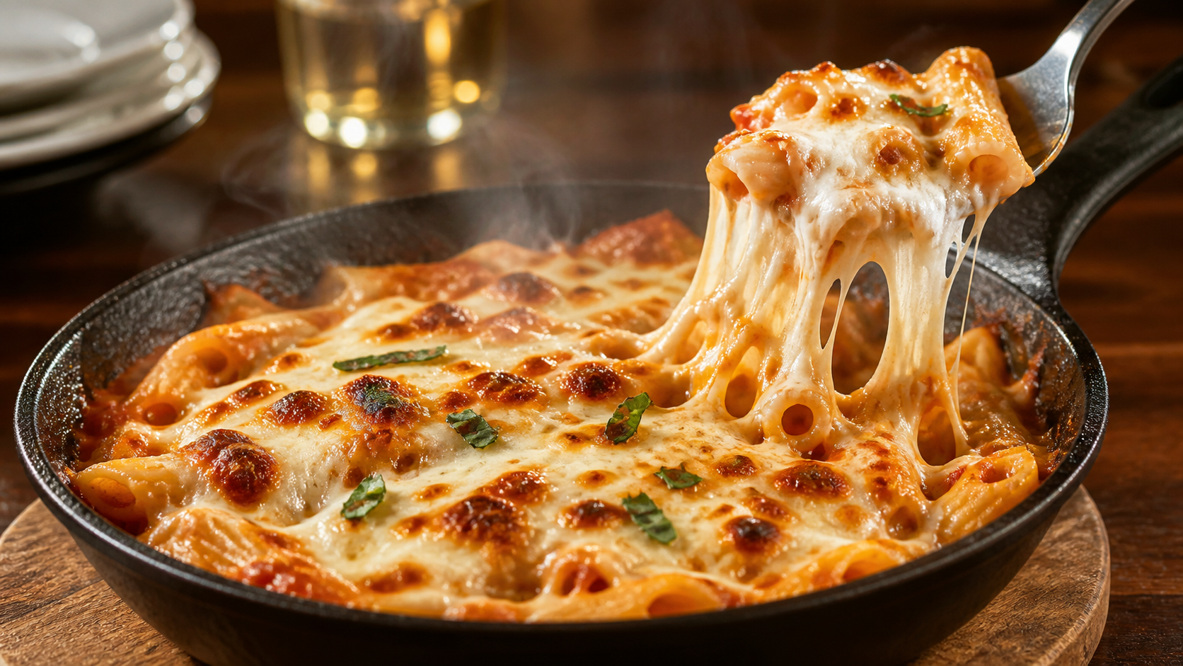 鉄鍋の熱々トマトパスタから伸びる焼きチーズ