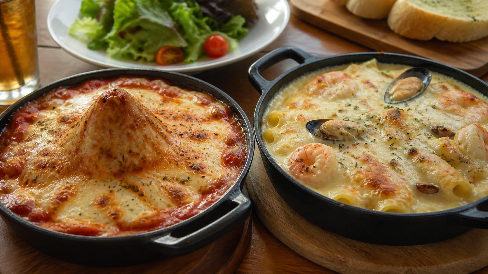 トマトチーズと魚介クリームの2種類のボルケーノパスタ