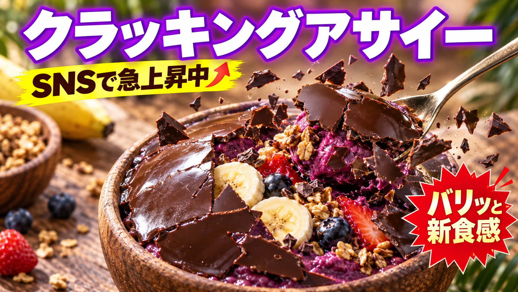 チョコレートの殻をスプーンで割る瞬間のクラッキングアサイーボウル