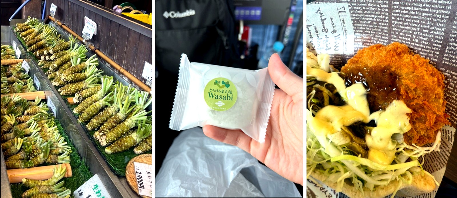 生わさびの直売コーナー、とろける生大福Wasabi、軽食メニューが並ぶ大王わさび農場のお土産グルメ