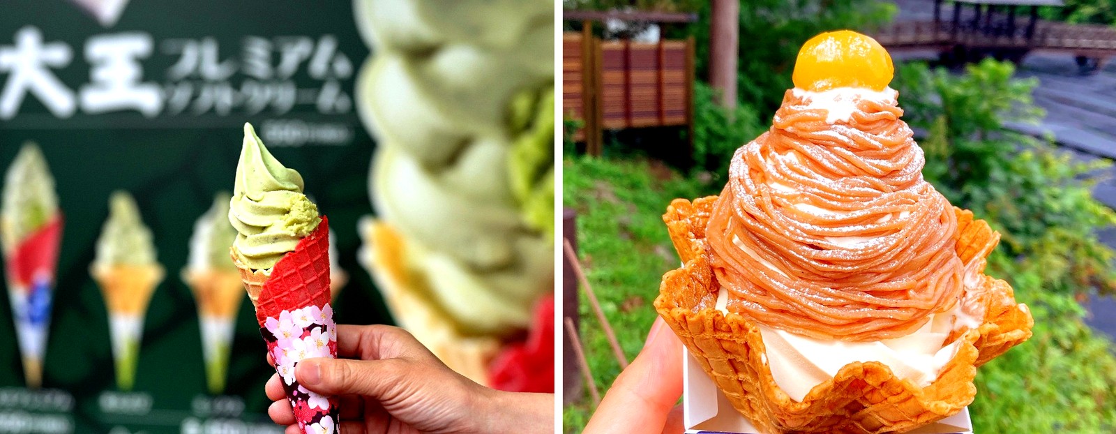 抹茶ソフトクリームとモンブラン仕立てのソフトクリーム、大王わさび農場の食べ比べ