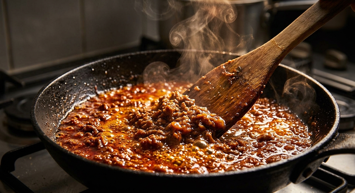 スパイスとひき肉を炒めながら煮詰めているキーマカレーの調理風景