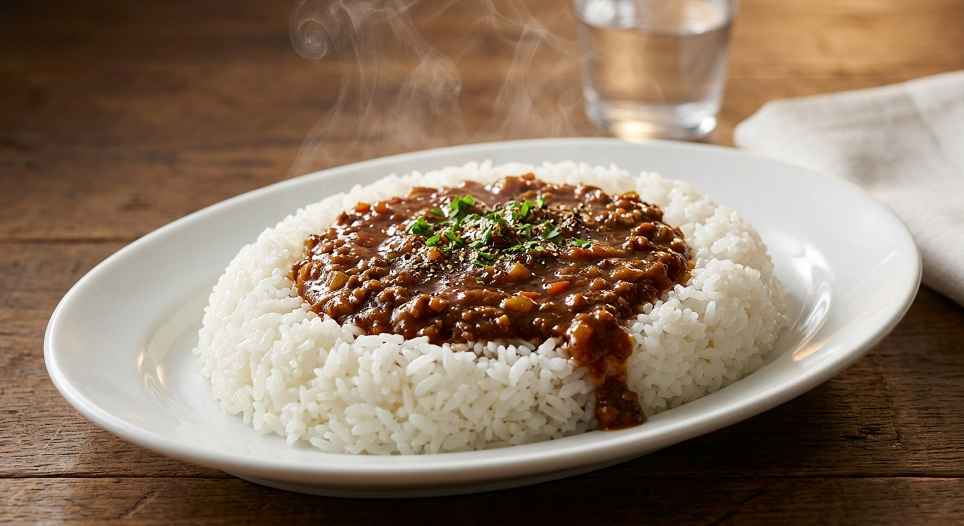 ご飯にかけて盛り付けた完成後のキーマカレー