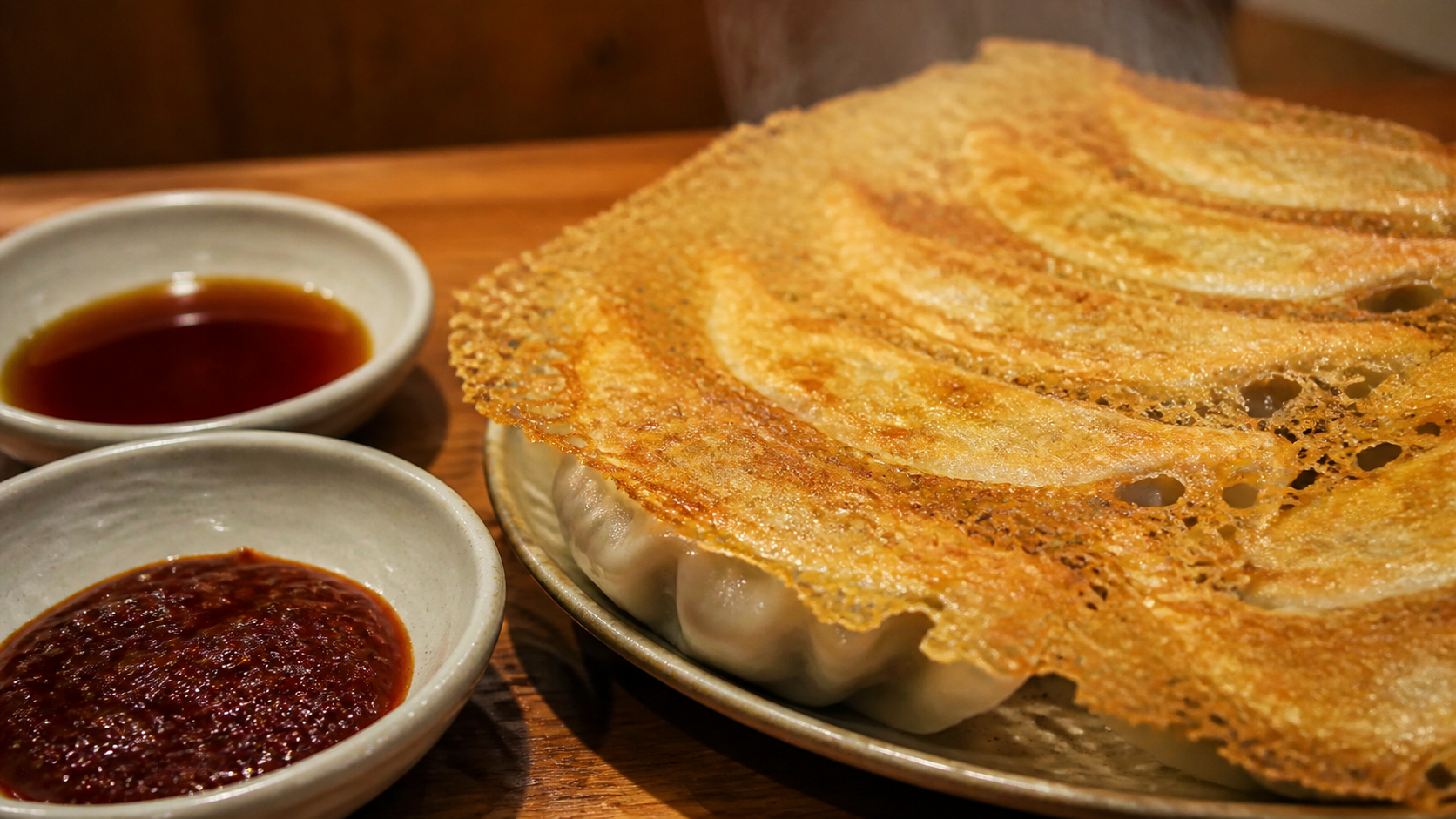 焼き目のついた神戸餃子と味噌だれと酢醤油の小皿