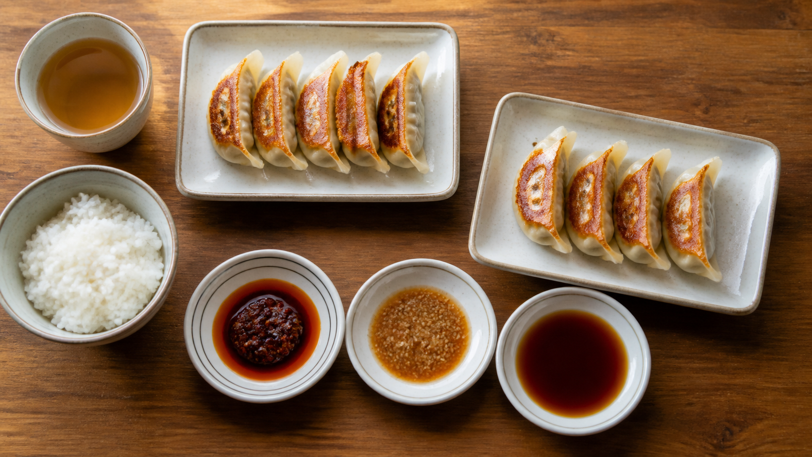 複数の味噌だれと焼き餃子を食べ比べる神戸餃子の食卓