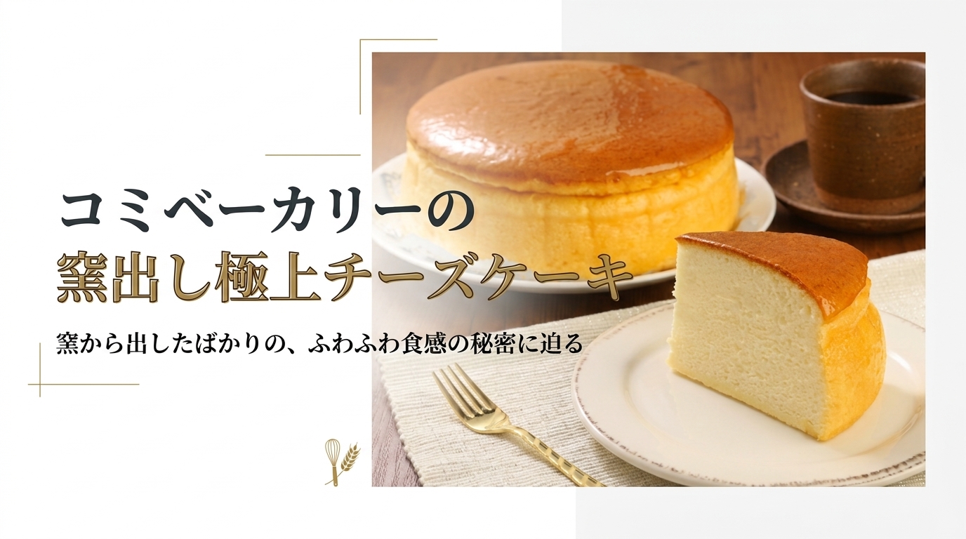 コミベーカリーの窯出し極上チーズケーキにタイトルを重ねた写真