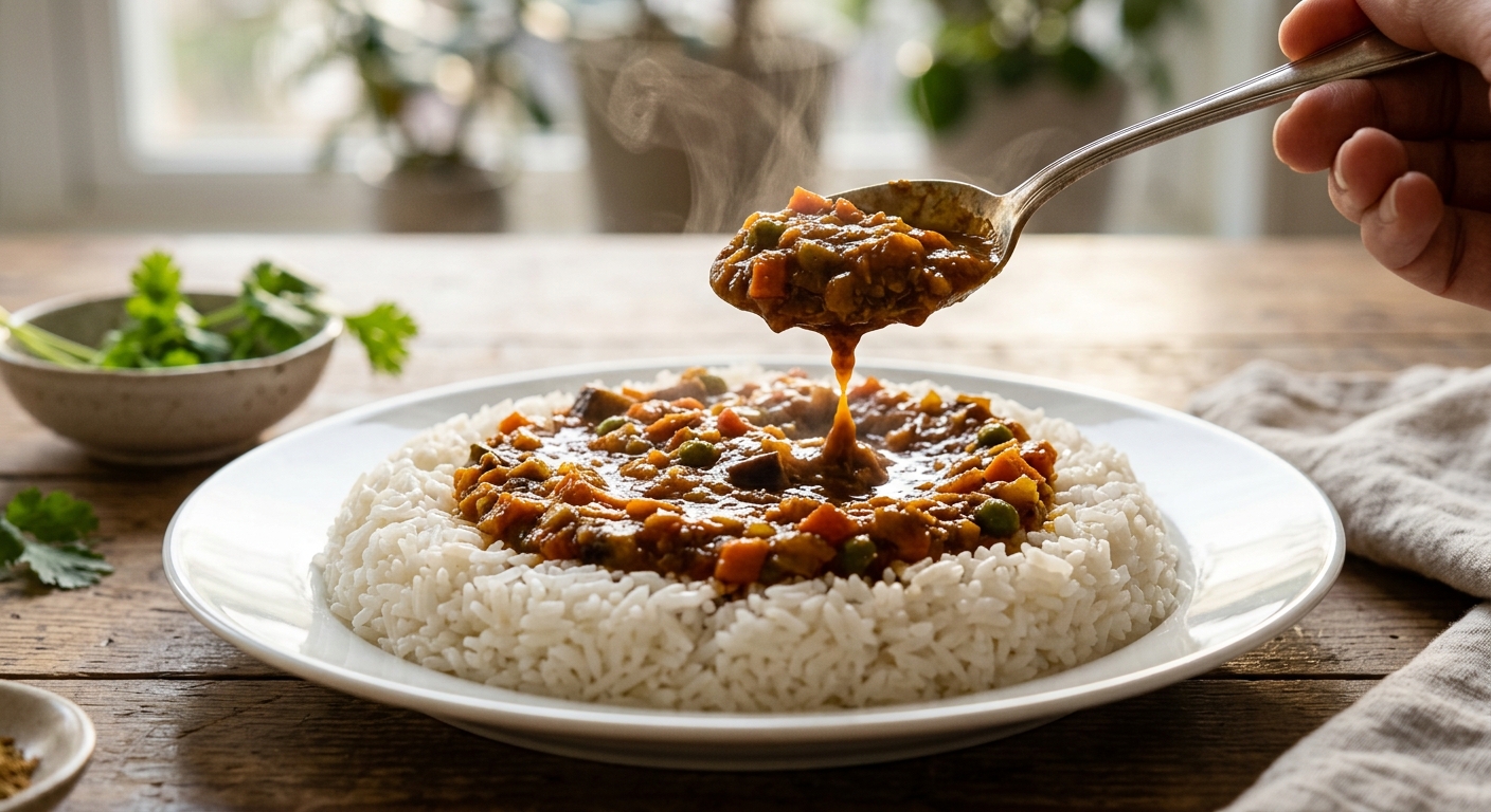 とろりとした野菜キーマカレーをスプーンですくう瞬間