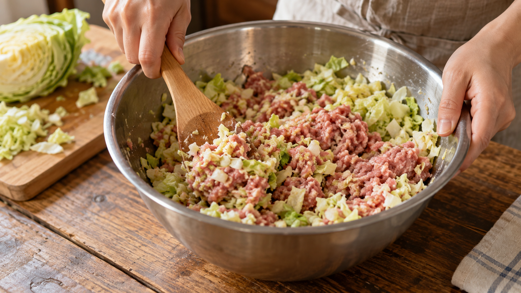 キャベツをひき肉に混ぜ込んでかさ増しする様子