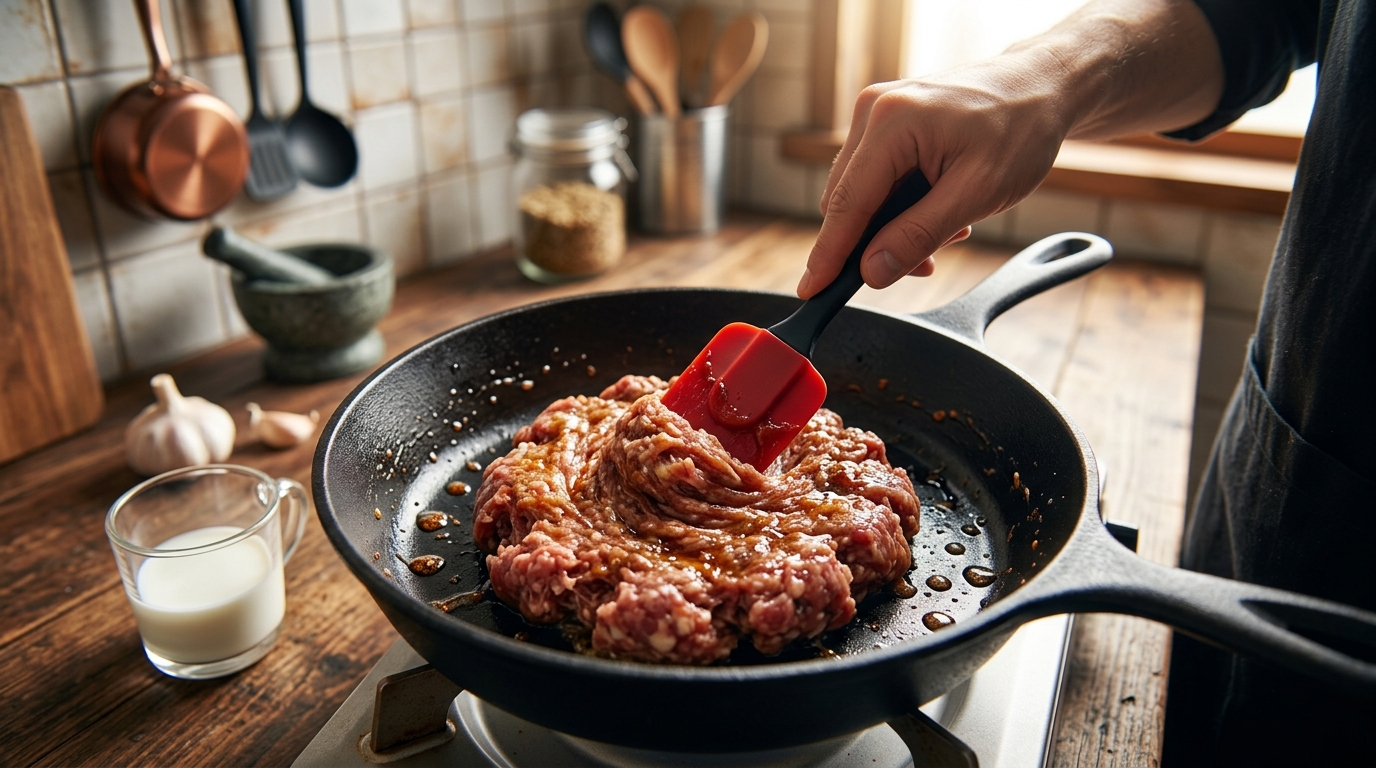 ボウルを使わずフライパンの中で肉だねを混ぜる様子