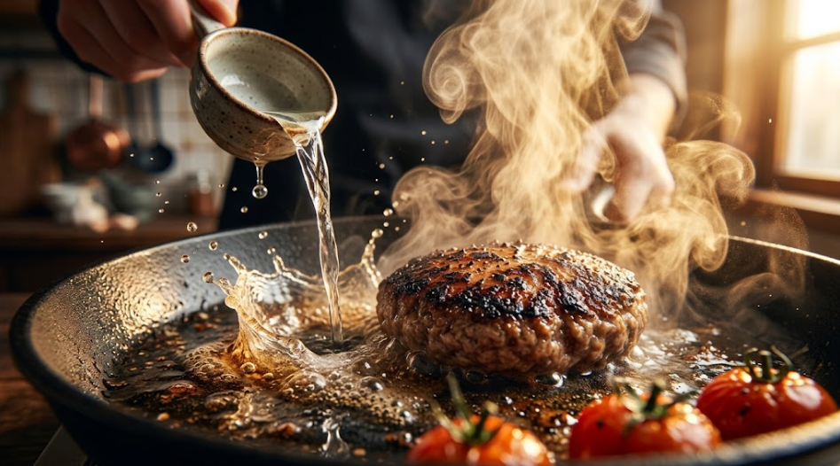 焼いたハンバーグに酒を注いで蒸し焼きにする瞬間