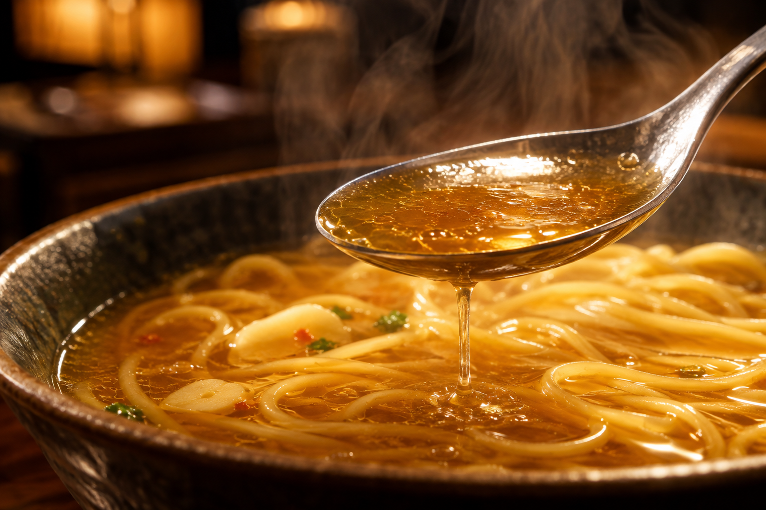 ニンニクの効いた背徳系スープパスタにレンゲでスープをすくう瞬間