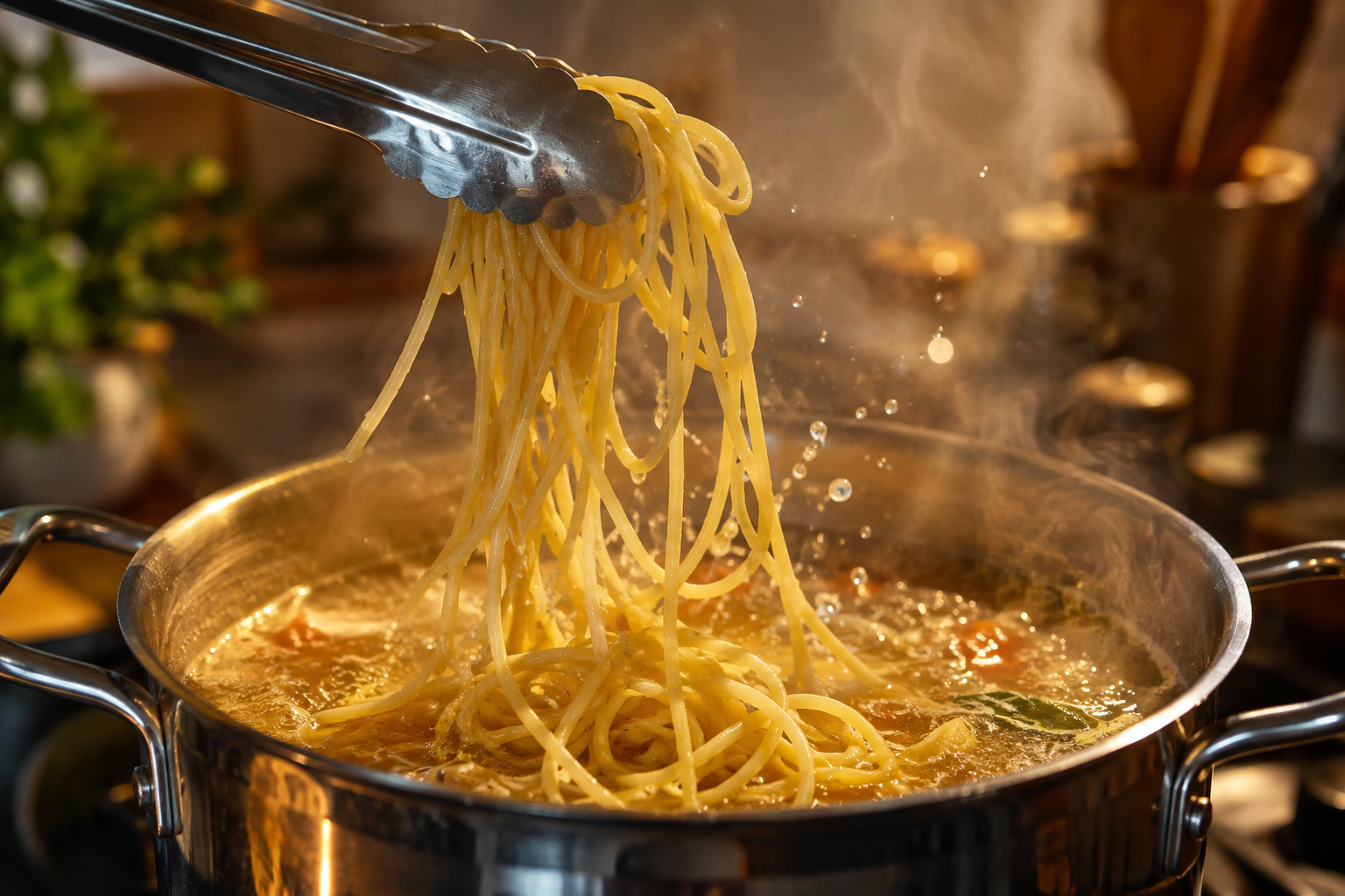 自宅でスープパスタを作るため鍋でスープと麺を合わせる瞬間