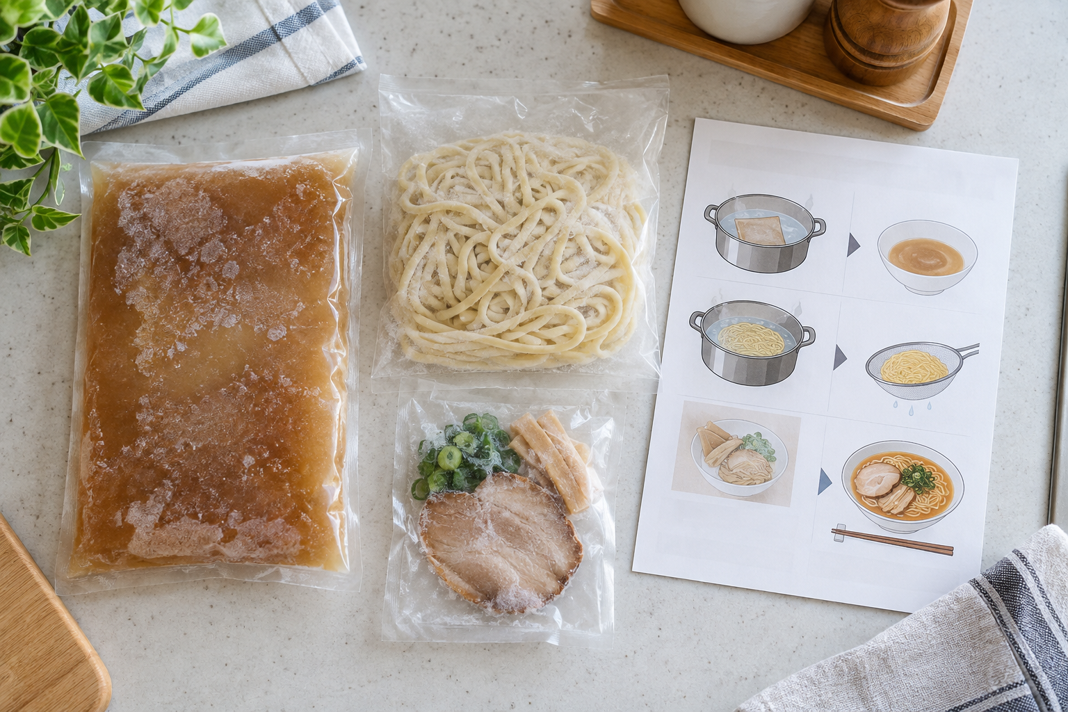 冷凍スープ・麺・具材を並べた宅麺.comの注文準備イメージ